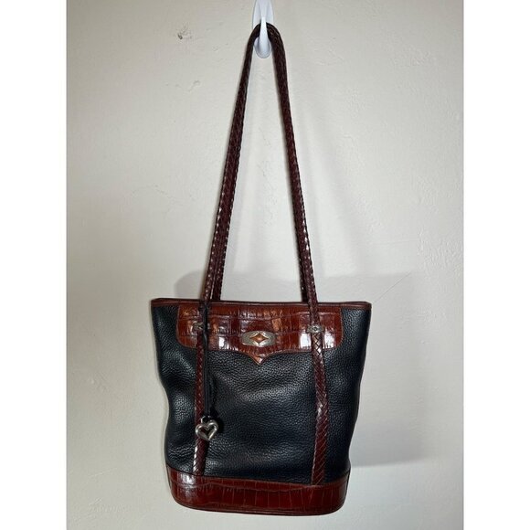 BRIGHTON Pebbled Black Leather Bucket Bag Purse Embossed Brown Croc Leather - Picture 4 of 16